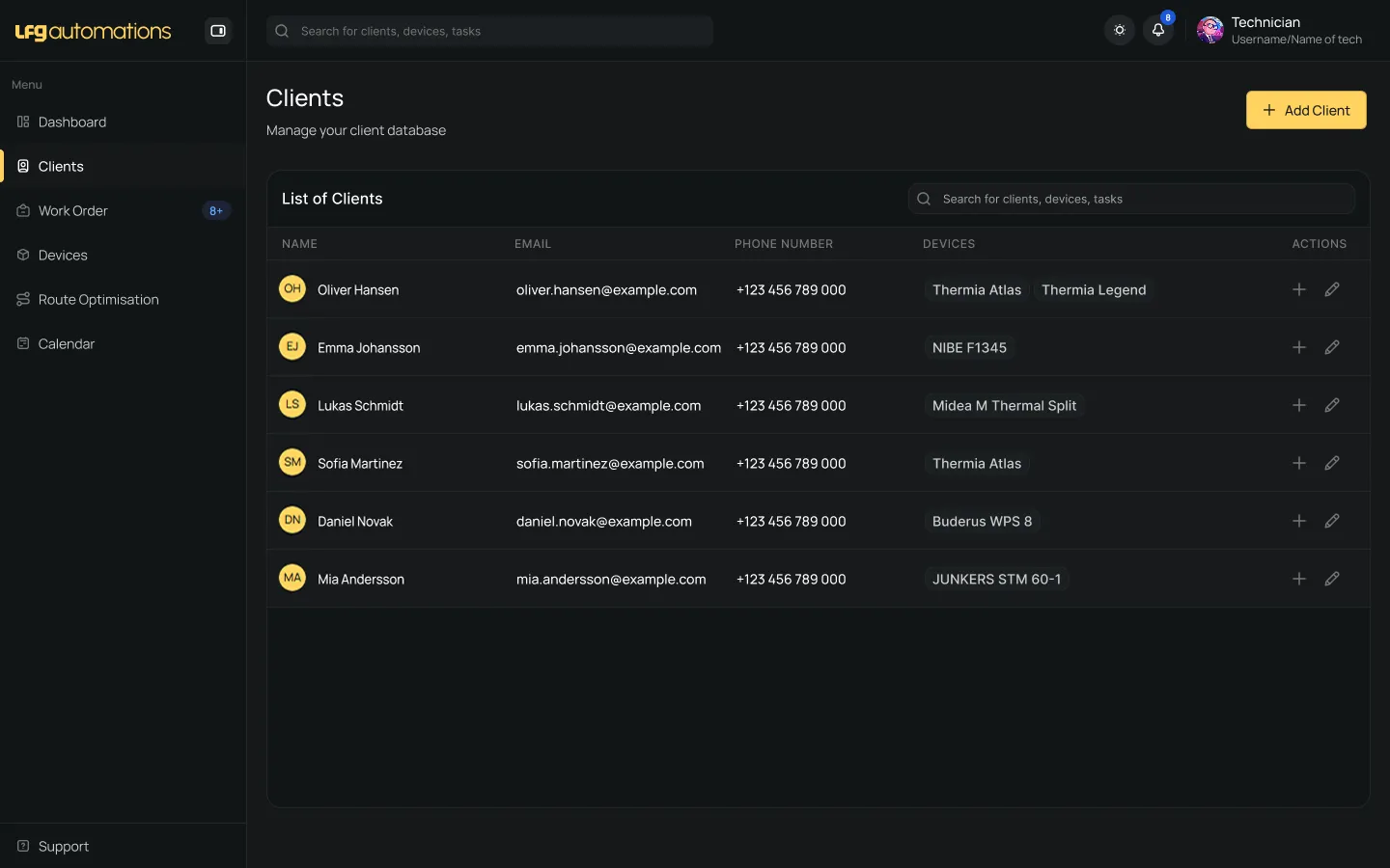 LFG Automations client management interface with full service history and contact details