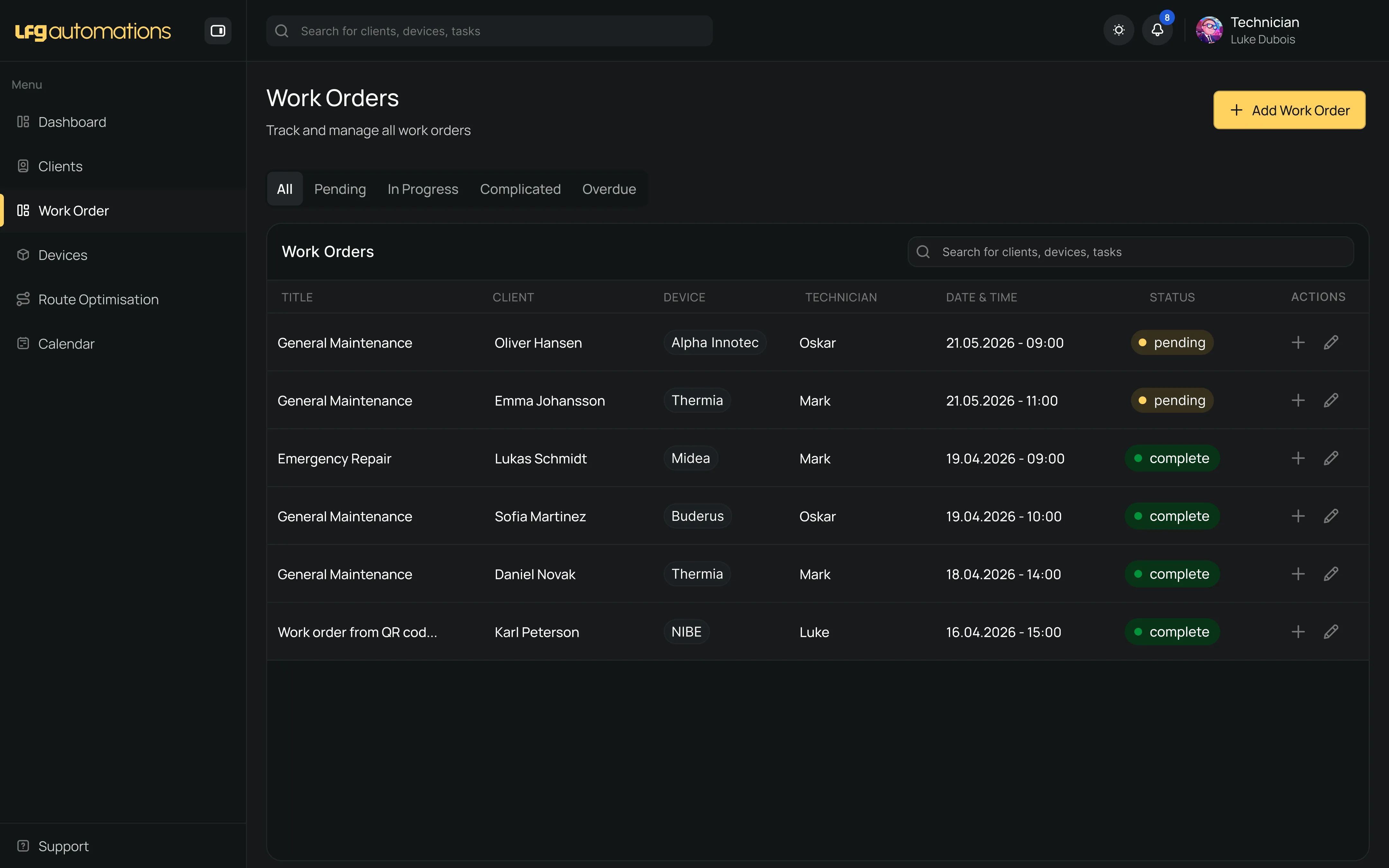 LFG Automations work order management screen showing job assignments, locations, and status tracking