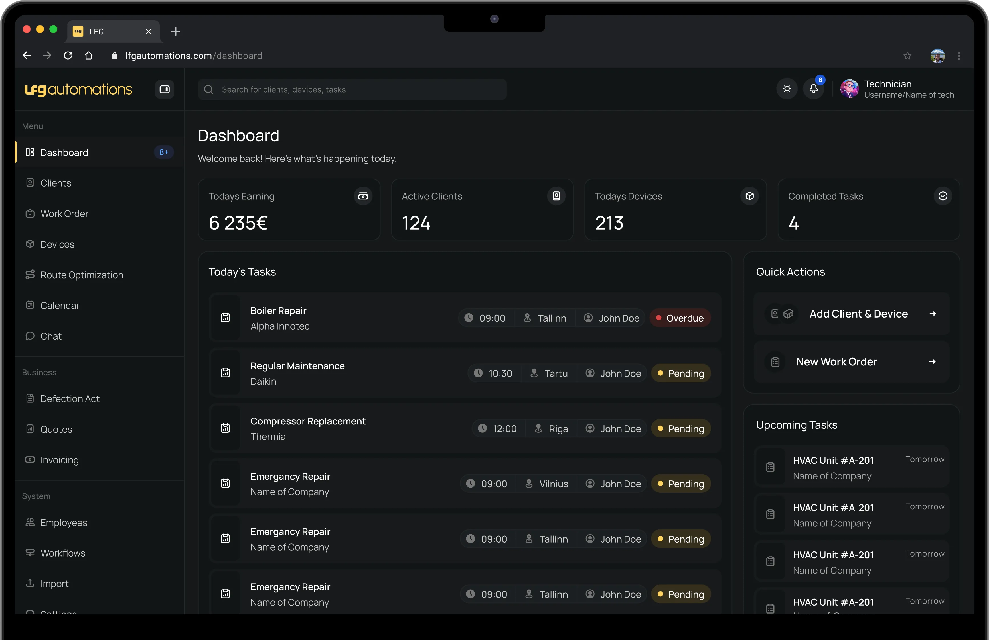 LFG Automations dashboard showing work orders, device tracking, and daily task overview